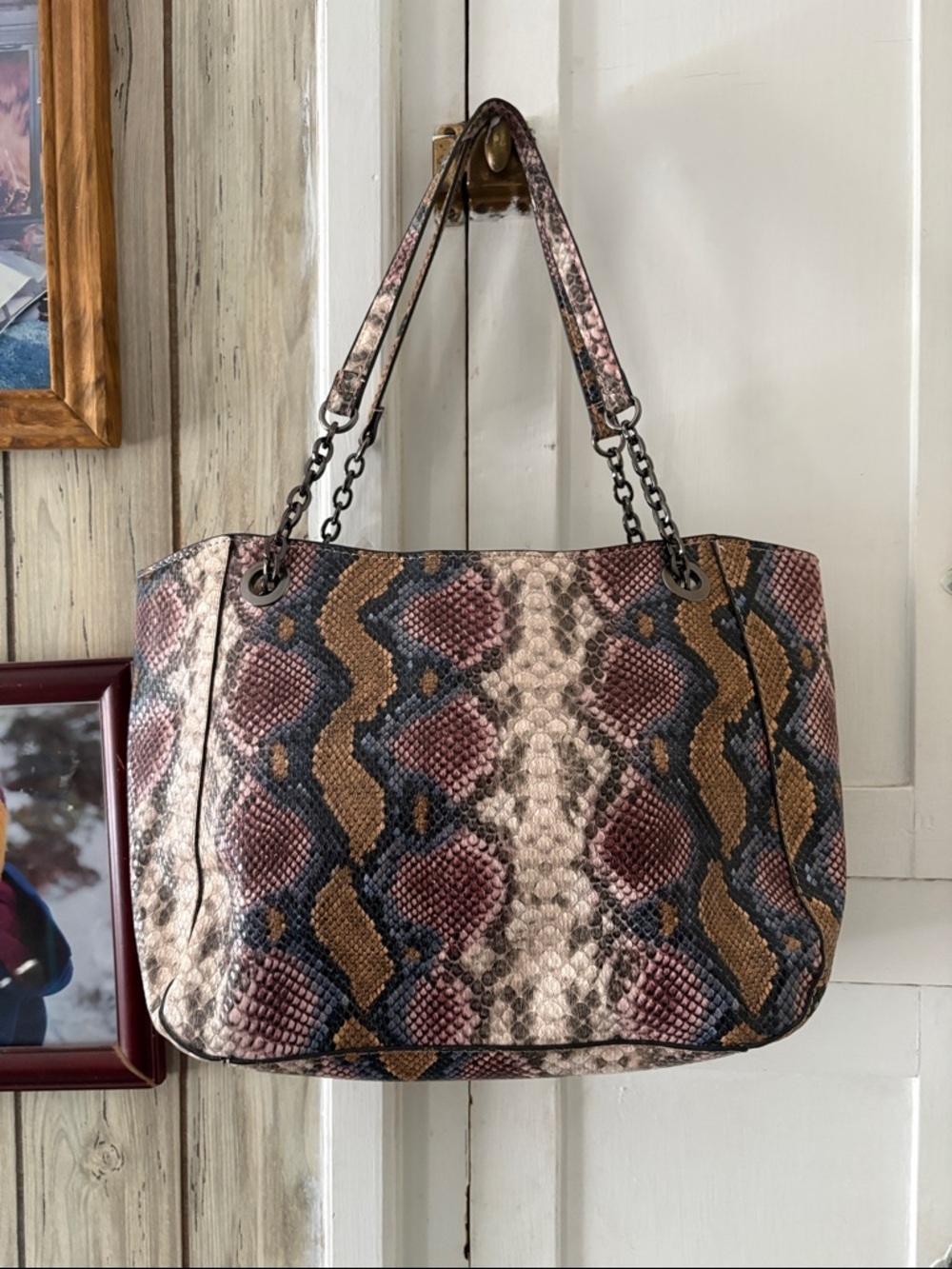 Snake-Embossed Tote in Pink, Brown & Black
